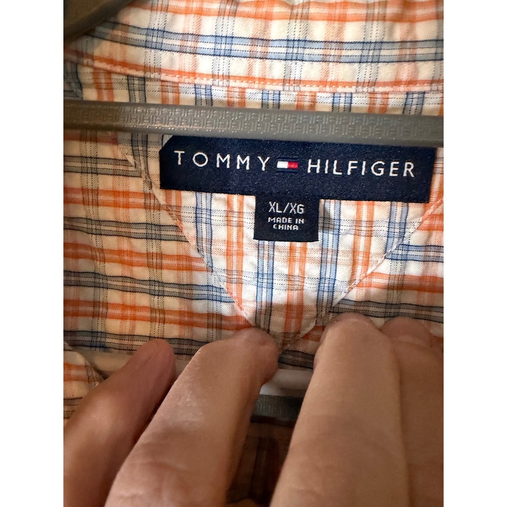 Tommy Hilfiger Men XL Short Sleeve Seersucker Plaid Button Down Shirt Orange Blu - Picture 4 of 5